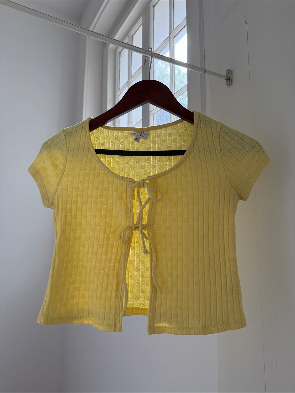 Self Esteem Yellow Ribbed Tie-Front Crop Top